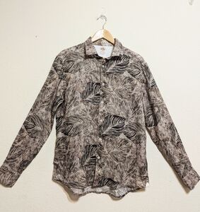 Fradi Brown Leaf Print 100% Linen Long Sleeve Shirt Sz 16 1/2 (42) Italy
